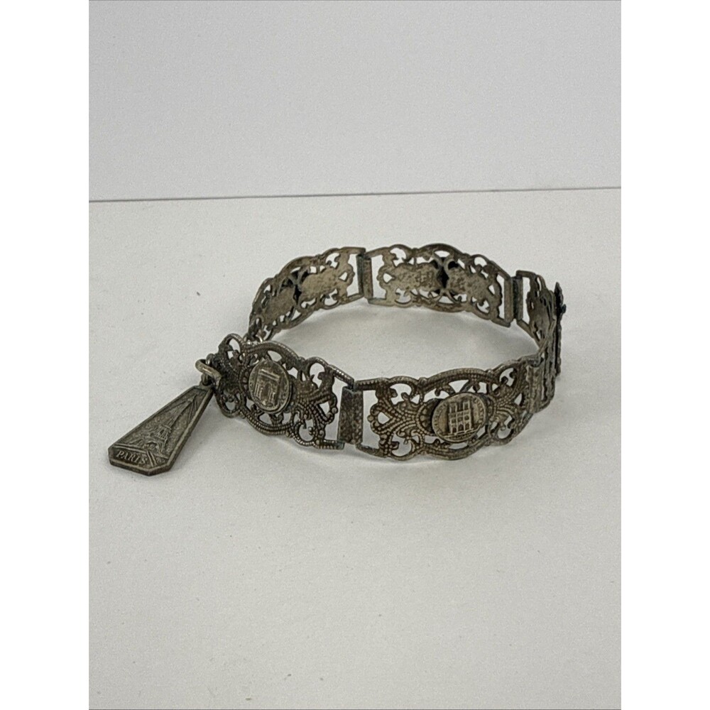 Antique Paris Eiffel Tower Tarnished Silver-Plated Travel Charm Bracelet 7-8"
